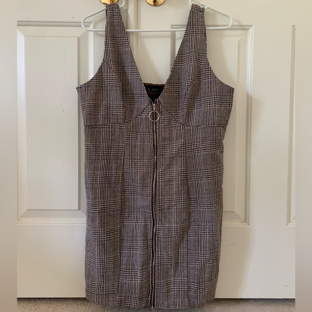 SHEIN Houndstooth Zip-Up Mini Dress
